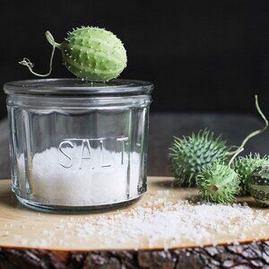 Clear Glass Salt Box with Lid Embossed Salt on Front
